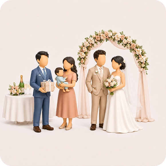 Illustration of a wedding and family celebration