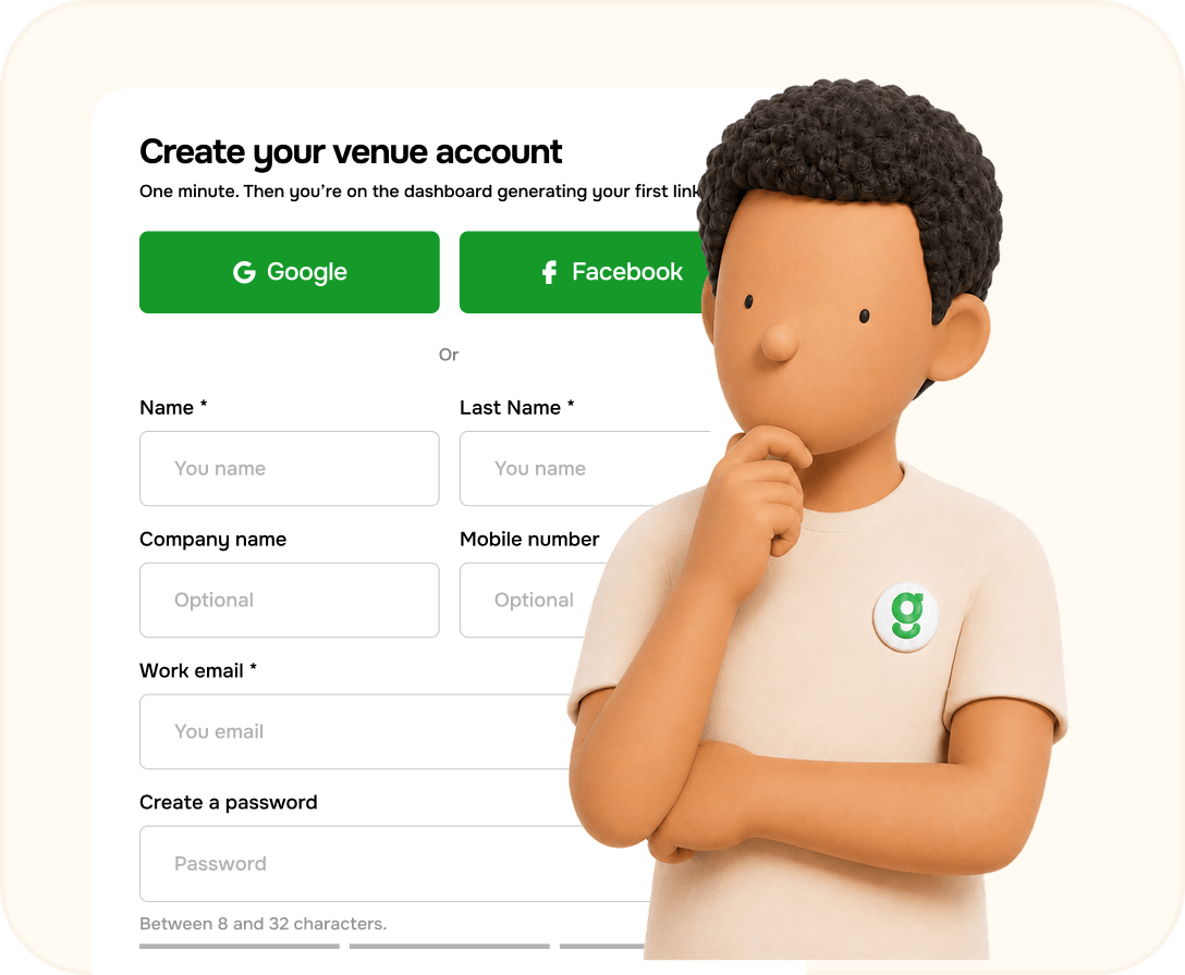 Venue account signup form next to a person thinking