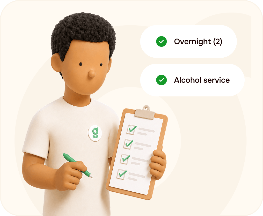Person holding a checklist with overnight and alcohol service badges