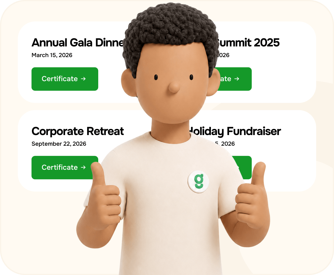 Certificate cards for booked events next to a person giving a thumbs up